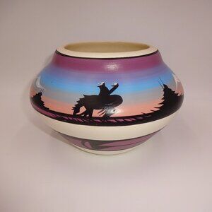 Signed Navajo Handpainted Pottery Bowl End of The Trail Horse Rider Black Purple